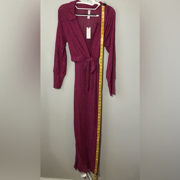 Anthropologie S pink ribbed belted wrap v neck stretchy long sleeve maxi dress - Picture 9 of 15